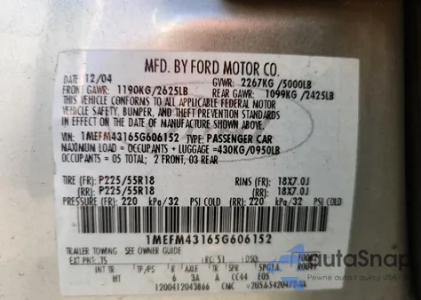 2005 Mercury Montego Premier from USA, damaged, VIN 1MEFM43165G606152